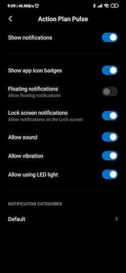 Screenshot displaying push notifications settings within an Android device