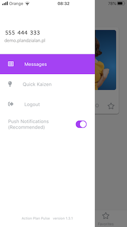 Screenshot displaying a sidebar inside Action Plan Pulse including a push notifications toggle