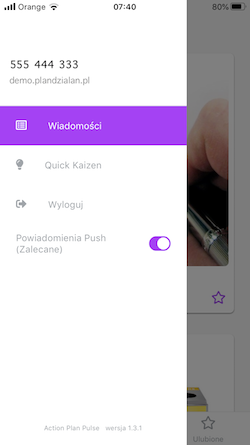 Zrzut ekranu przedstawiający pasek menu w Aplikacji Pulse zawierający przełącznik aktywności powiadomień Push