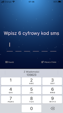 Zrzut ekranu z wyświetlaną przez aplikację Pulse prośbą o podanie kodu otrzymanego w wiadomości SMS
