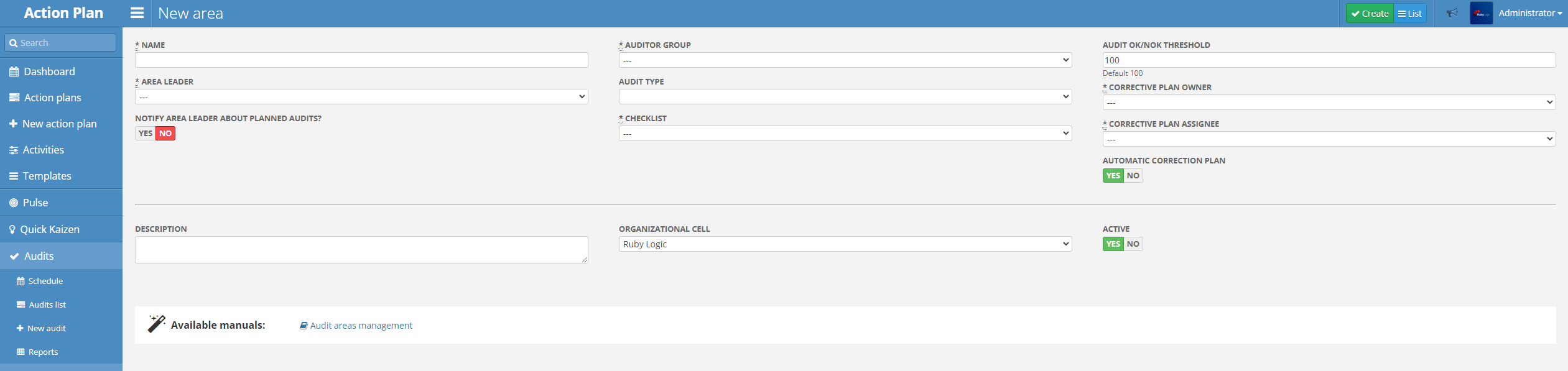 Audit area creation